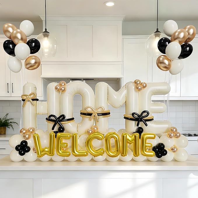 145Pcs Housewarming Party Decorations, 40Inch Beige Welcome Home Balloon Banner, Cream Ivory Black Gold Balloons for New Home Sweet House Warming Homecoming Party