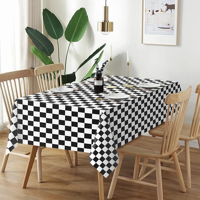 QIKSION Checkered Tablecloth Disposable 6 Pack, 54 x 108 Inch Black and White Checkered Flag Table Cloth for Race Car Decorations, Birthday Party Supplies, Rectangle, Plastic Table Cover