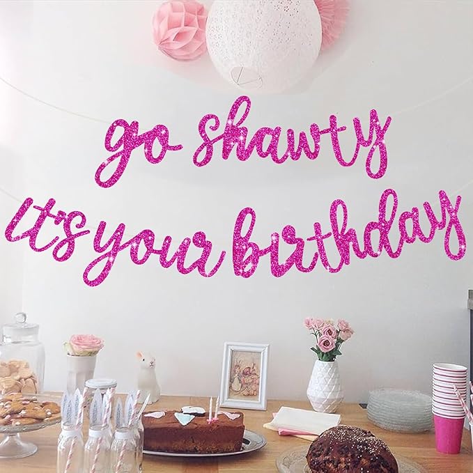 BEISHIDA Go Shawty It's Your Birthday Banner NO DIY Hip Hop Theme Happy Birthday Banner Pre-Strung Rap Theme Happy Birthday Sign for Man Women birthday Party Supply Glitter Rose Red