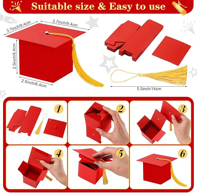 TaoBary 12 Pieces Graduation Candy Box Graduation Decorations Party Gift Boxes Graduate Cap Box Candy Chocolate Cookie Supplies for Ceremony Party(Red)
