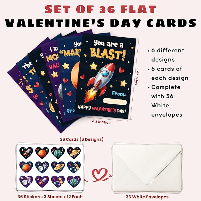 Pawzity 36 Packs Valentines Day Cards for Kids - Valentines Day Gifts for Kids Toddlers Classroom School Party Favors - Universe Planets Rocket Ship Galaxy 3.2''x 4.7'' Exchange & Envelopes, Stickers