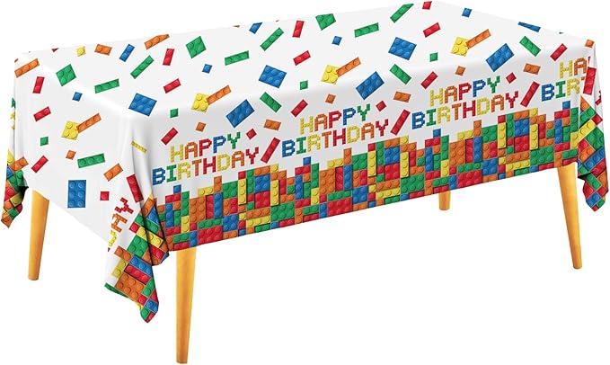 Gatherfun Building Block Party Disposable Tablecloth, Plastic Table Cover for Building Block Themed Party, Kids Birthday, 3 PCS, 54”x108”