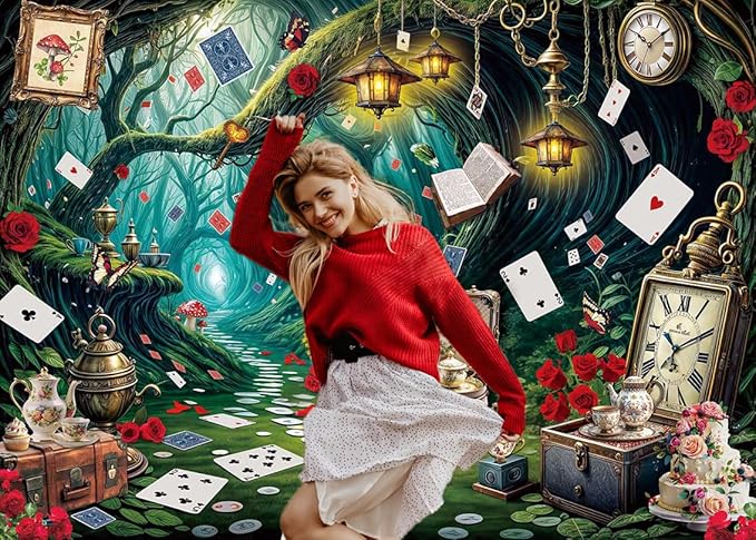 Wonderland Tea Party Backdrop Green Leaves Checkerboard Photography Background Wonderland Girls Kids Birthday Party Party Decoration Banner Supplies (120x96inch (10x8FT))