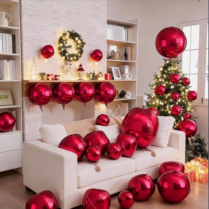 12Pcs Red Round Balloons Foil, 22" 18" 15" 10" 4D Sphere Shaped Balloon Different Size, Large Metallic Dark Red Balloons for Xmas Prom Graduation Baby Shower Birthday Party Decorations Backdrop