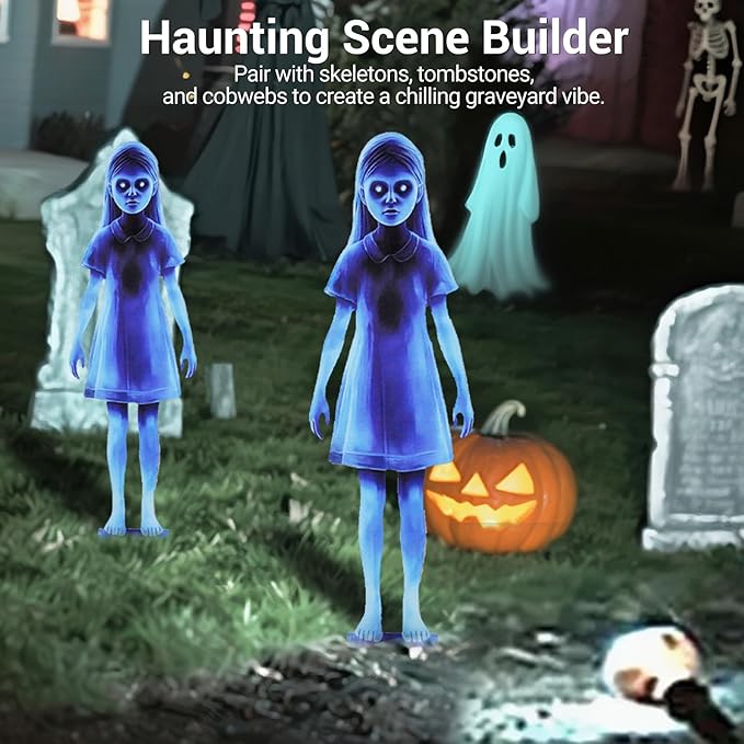 Scary Girl Ghost Courtyard Decoration for Halloween Outdoor, 2PCS Spooky Halloween Ghost Twins Yard Signs with Stakes, 16" Waterproof Iron Creepy Twins Lawn Signs Ground Stakes for Home Outside Decor