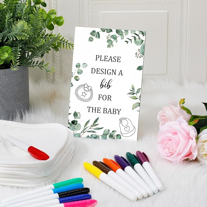 Panitay 43 Pcs Baby Shower Games White Bibs Design, Include Wooden Baby Shower Game Sign, 30 DIY Blank White Bibs, 12 Markers for Gender Reveal Party Decorating Supplies(Greenery)