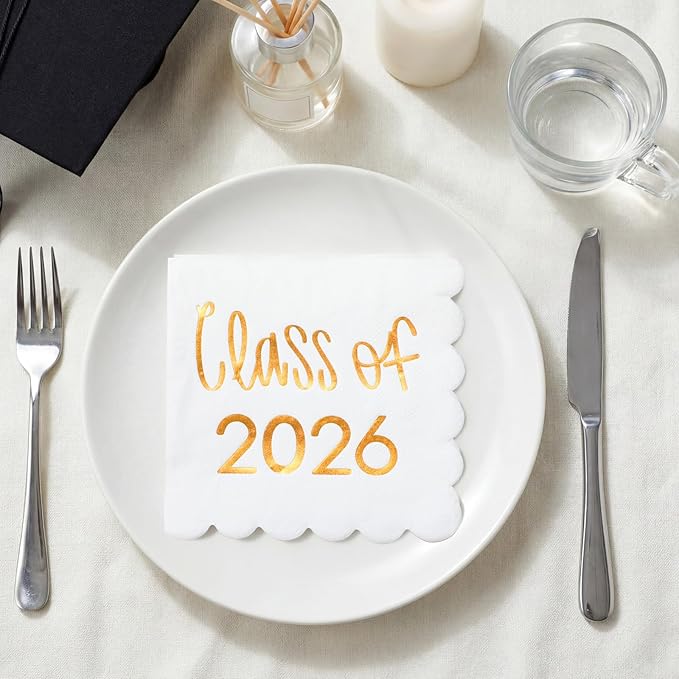 100 Pcs Class of 2026 Graduation Cocktail Napkins 5 x 5 Inch Congrats Grad Scalloped Paper Napkins for Dinner Beverage Graduate Decorations(Orange)