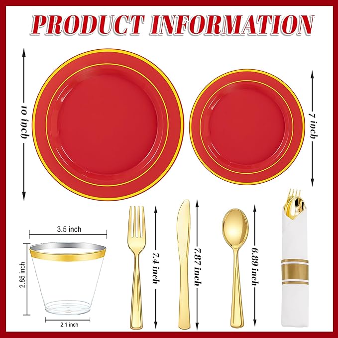 175 Pieces Red Plastic Plates with Gold Rim Include Dinner Plate 10? Dessert Plate 7? gold Cups 9 OZ, Pre Rolled Napkins 25 of each type for Wedding Baby Shower Spring Birthday