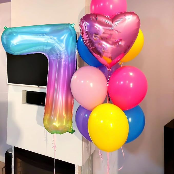 40 Inch Rainbow Number Balloon 7, Large Number Foil Balloons Mylar for Girl Boy Birthday Party Celebration Decorations Supplies, Digital Balloons for Wedding Anniversary Events Decorations