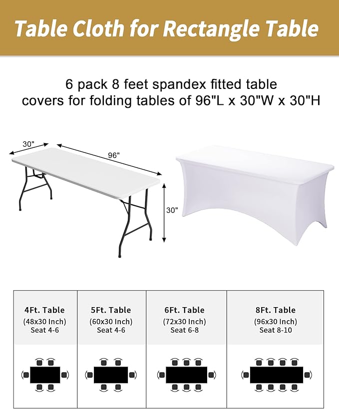 Fixwal White Table Cloth for 8FT Rectangle Tables, 6 Pack Rectangular Tablecloths Stretch Spandex Fitted Table Covers 8FT for Parties, Trade Shows, Banquet, Weddings, Buffet, Graduation Decorations