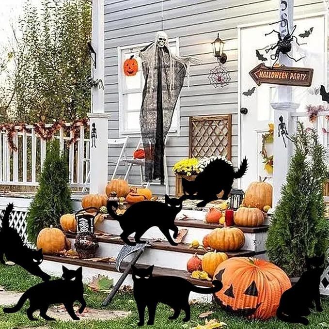 6Pack Halloween Black Cat Decorations Signs with Stakes Glow in the Dark Eyes，Scary Waterproof Cat Yard Lawn Signs for Patio Garden Outdoor Decor