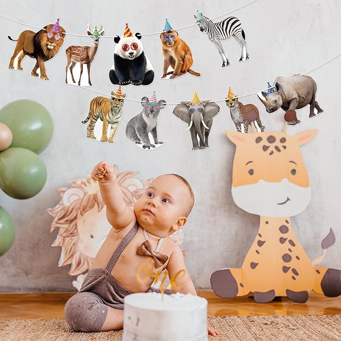 Hooqict Safari Animals Happy Birthday Banner Animal Birthday Decorations Party Animal Banner Garland Sign for Jungle Theme Decorations Kids Wild Zoo Party Supplies