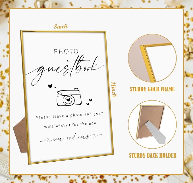 Wedding Photo Guest Book Sign, 8"X 11" Gold Frame Wood Wedding Sign with Stand, Bridal Shower Guest Book Alternative, Engagement Party Decorations, Favors for Ceremony and Reception-5