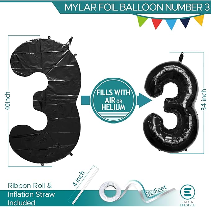 40 Inch Large Black Number Celebration and Decoration Balloon for Birthday Parties, Graduations, Anniversaries, Weddings, Photo Shoots, Special Events - Helium Foil Mylar (Black Number 3)