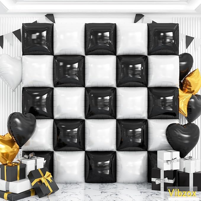 Black and White Square Foil Balloons Wall, Double Sided Chrome Black White Balloons Tunnel Arch Kit Backdrop for Checkerboard Racing Themed Birthday Graduation Wedding Party Decorations
