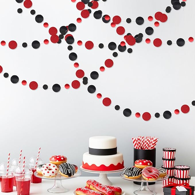 Outus 5 Pieces Black,Red Round Dots Garland Easter Graduation Party Hanging Decor Each Length 13.1ft Glitter Paper Dot Streamers for Birthday Wedding Classroom