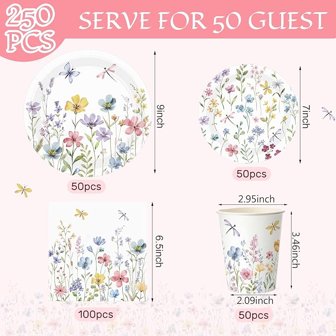 Pickmesh 250 Pcs Spring Floral Disposable Tableware Set Wildflower Butterfly Disposable Paper Plates Napkins and Cups for Baby Bridal Shower Birthday Wedding Baby in Bloom Garden Tea Party Supplies