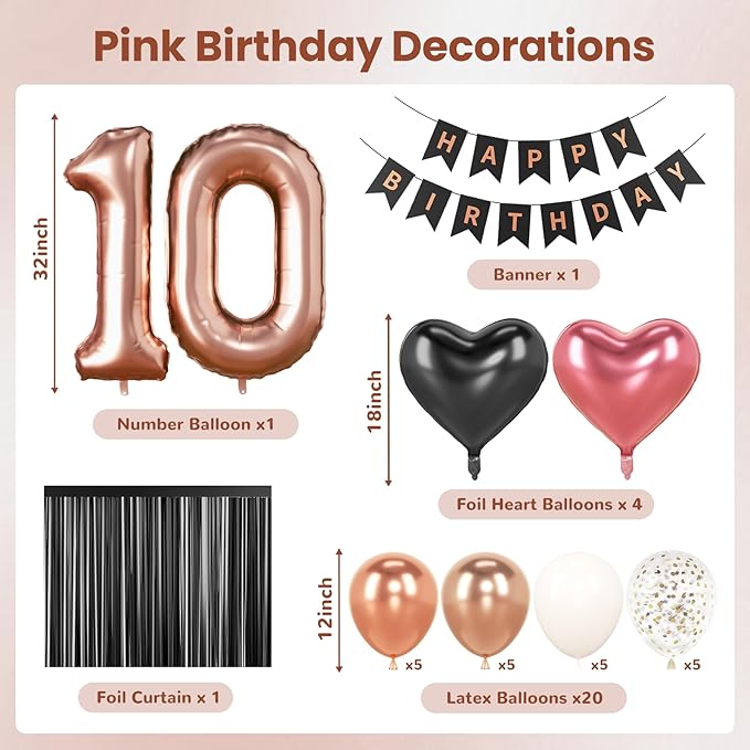 10th Birthday Decorations for Girls - Rose Gold, Black and Hot Pink Double Digits Party Supplies Set with Happy 10th Banner, Number 10 Balloons and Foil Fringe Curtains - 10 Year Old Celebration Kit