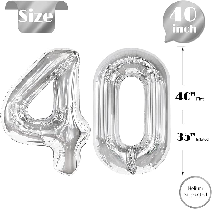 Silver Number 40 Balloon 40 inch, 40 Number Balloons, 40th Silver Birthday Decorations for Girls Boys Kids, 40 Year Old Women Men Silver Party Supplies