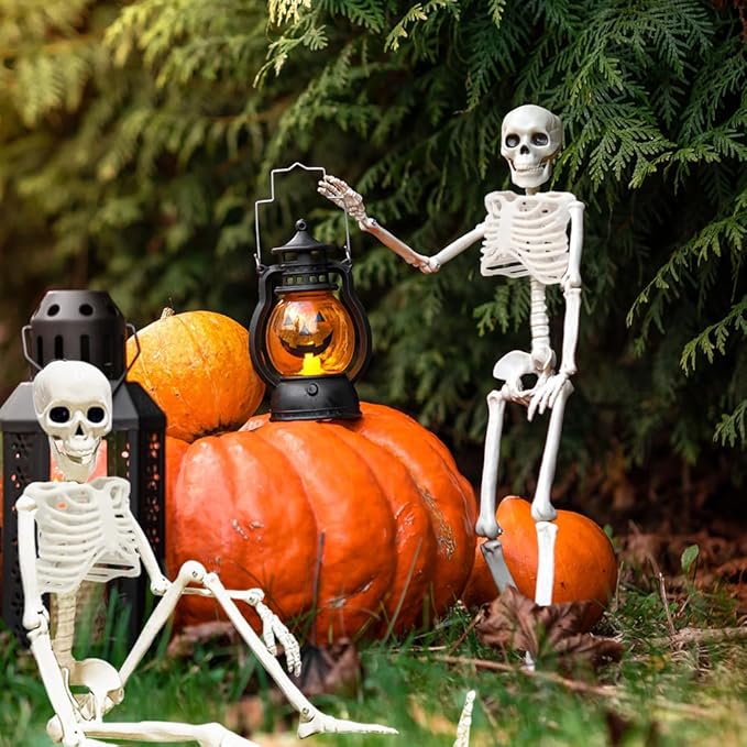 4 Packs Posable Halloween Skeleton, Full Body Skeleton Decoration Movable Posable Joints Skeletons, Scary Plastic Skeleton Halloween Skull Decor for Yard Garden Lawn Haunted House Graveyard Props