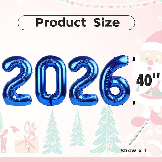 40 Inch 2026 Number Balloons, Dark Blue Number Balloons, New Years Decorations, 2026 Balloon for Graduation Happy New Year and 2 6 20 26 Birthday Parties