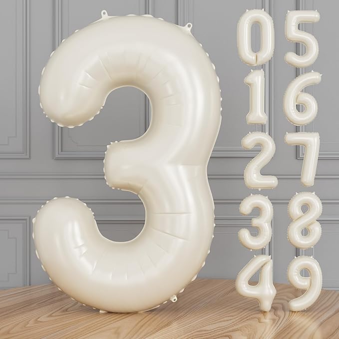 Cream Number 3 Balloons – 40 Inch Giant Foil Number Balloon, Light Cream Number Balloon for Birthday Anniversary Baby Shower Party Decorations