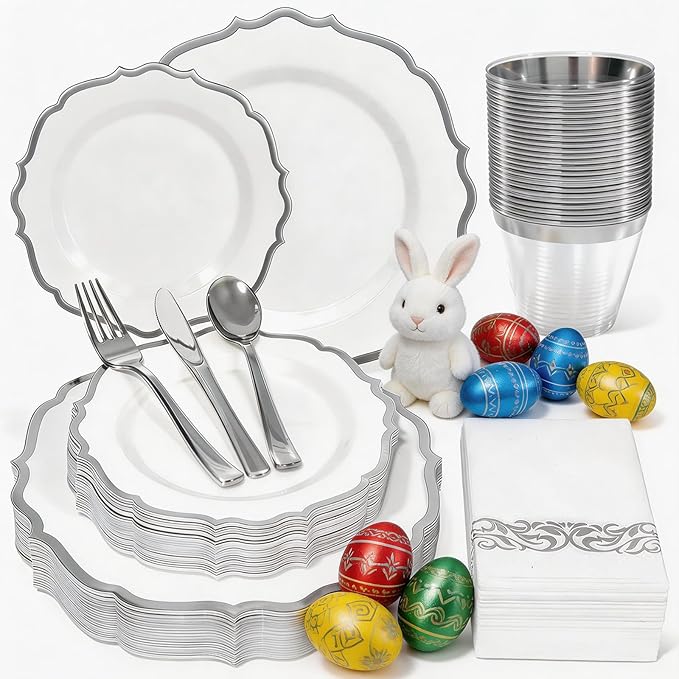 175 Plastic Dinnerware Set Silver Disposable Dinnerware Set for 25 Guests Include 50 Plastic Plates,25 Silverware Set,25 Cups and 25 Napkins for Easter Party Wedding Thanksgiving