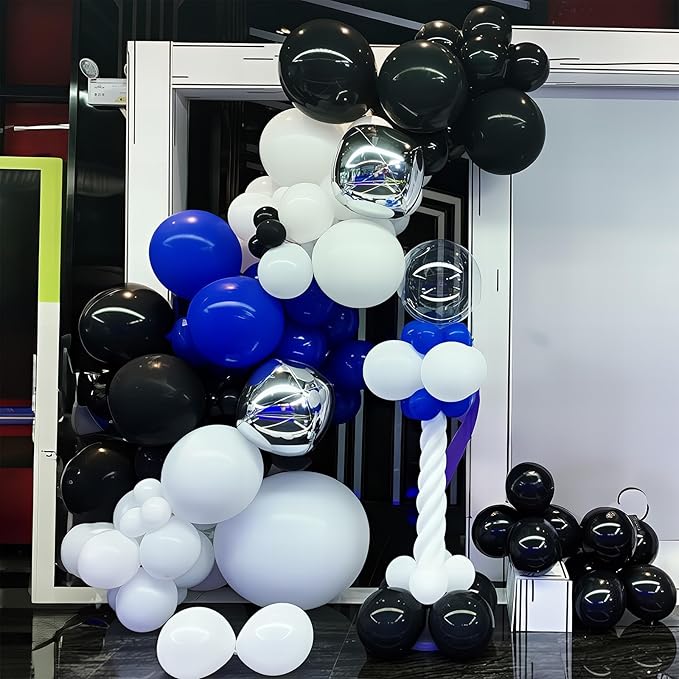 Blue Black and White Balloon Arch Kit, Navy Dark Royal Blue White Black Balloon Garland Kit with Metallic Silver Latex Balloons Explosive Star Foil Balloons for Graduation Gaming Birthday Party Decor