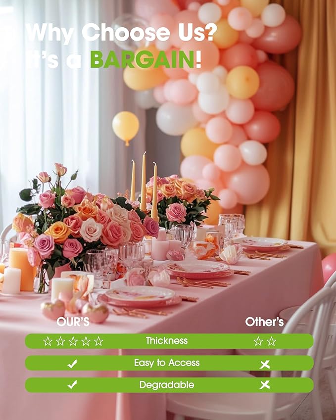 Pureegg Plastic Table Cloth Disposable 6 Pack, 54 x 108 Inch Table Cloths, Easter Party, Valentines, Mothers Day Decorations, Tablecloths, Rectangle, Pastel Plastic Cover, Waterproof, Pink