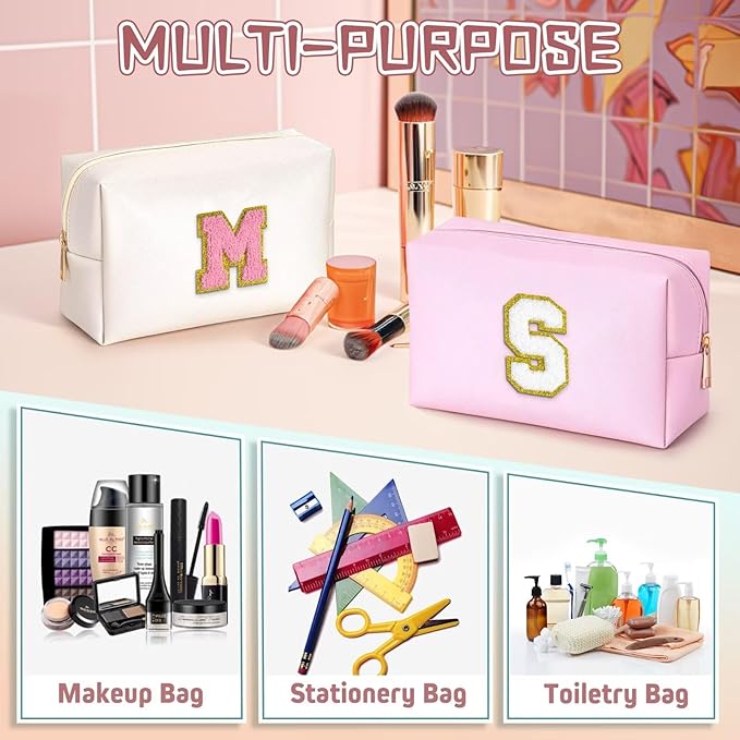 TOPEAST Dorm Room Essentials for Girls - Pink Initial Makeup Bag, College Essentials PU Leather Bag | Travel Car Essentials | Cute Stuff Birthday Gift for Friends Sister (Pink T)