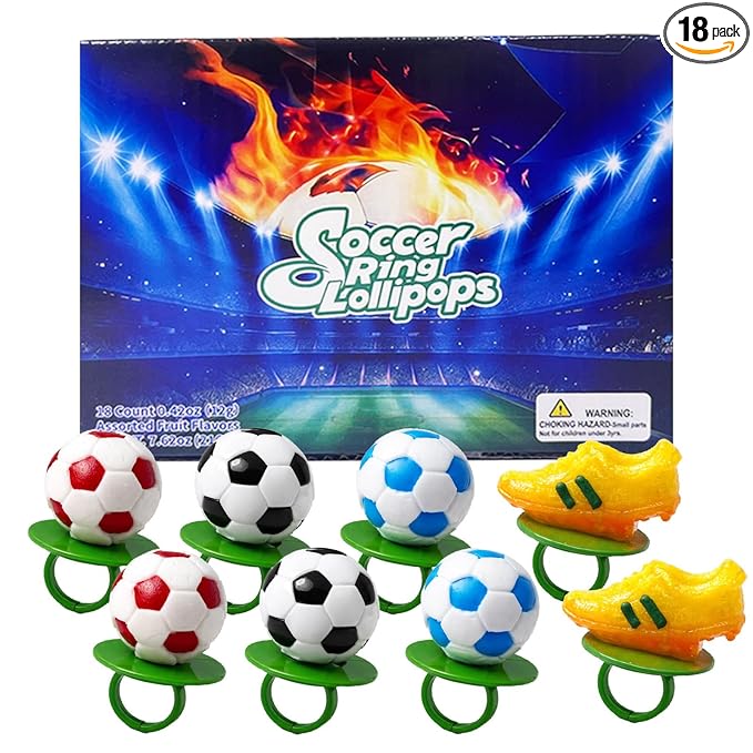 Soccer Themed 3D - Ring Lollipops 18 pk Assorted Fruit Flavors, Soccer Ball & Golden Boot Shaped Lollipop Ring Candy Suckers Individually Wrapped Bulk, Sports Candy Snacks for Party Treats Goodie Bags