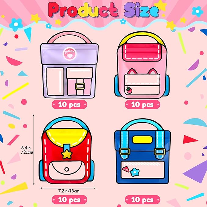 40 Pcs Cartoon Goodie Bags for Kids Candy Snack Treat Party Favor Bags Bulk Birthday Plastic Clear Gift Handbags with Handle for Classroom Back to School Supplies
