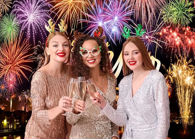 CYLYH 7X5FT Happy New Year Backdrop New Year's Eve Night City Fireworks Show Backdrop New Year Party Decorations