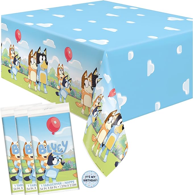Unique Bluey Birthday Party Supplies - Rectangular Plastic Table Covers (Pack of 3) and Sticker