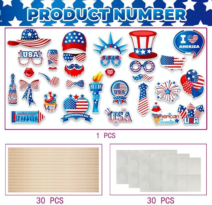Independence Day Photo Booth Props with Sticks,4th of July Photo Booth Props,Patriotic Party Decorations (25CT)