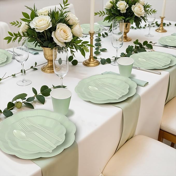350 Pcs Sage Green Party Paper Plates and Napkins Set Include 9" Easter Plates & 7" Dessert Plate Disposable Scalloped Tableware Serve 50 Guest for Wedding Baby Shower Bridal Shower Birthday