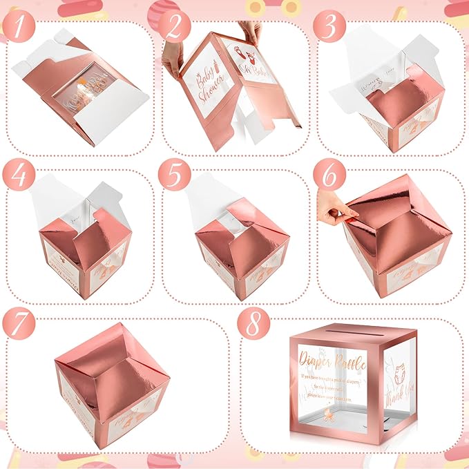 Funrous 51 Diaper Raffle Tickets with Box for Baby Shower Game Invitations Diaper Raffle Card for Gender Reveal Baby Shower Party Decoration Table Centerpiece(Clear Rose Gold)