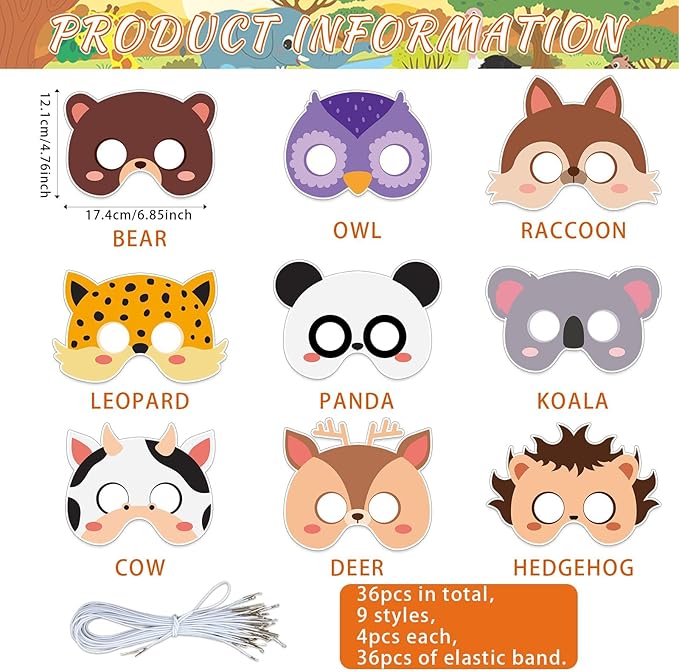36 Set Animal Coloring Mask Jungle Animal Paper Art Craft Kid Color Your Own Panda Blank DIY Mask Masquerade Birthday Party Dress-Up Decoration Favor School Classroom Activity Game Supplies