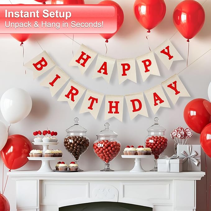 Happy Birthday Banner - Pre‑Strung Burlap Birthday Decorations and Reusable Birthday Sign for Men, Women & Kids | Party Supplies Backdrop (Red)