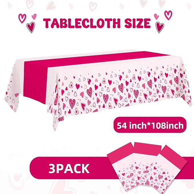 Valentine's Day Tablecloth 3-Pack, 54x108 Inch Disposable Plastic Table Covers, Pink Heart Themed Decor for Romantic Party, Galentine‘s Day and Mother's Day Table Decorations