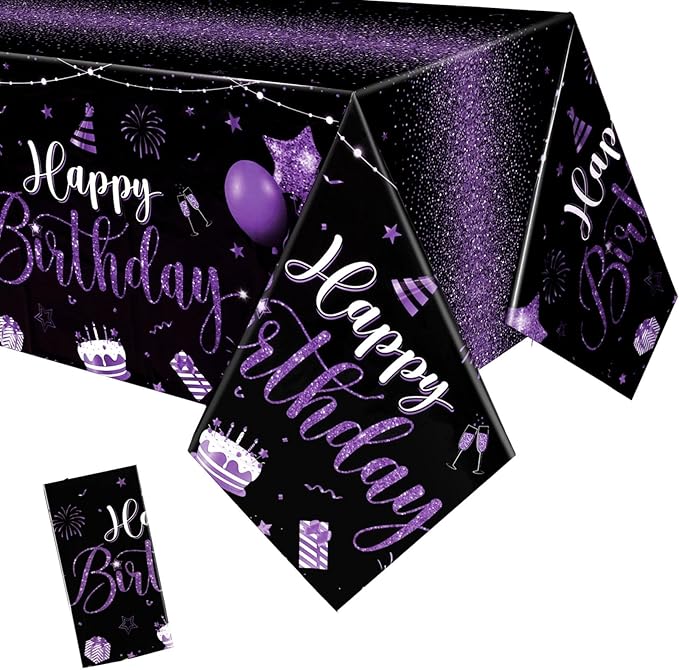 Tudomro 1 Pcs Happy Birthday Tablecloths Happy Birthday Party Decorations Plastic Table Cover Rectangular Cloths for Women Men Baby Shower Party Supplies, 108 x 54 Inch (Black Purple)