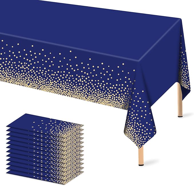 12 Pcs Navy Blue Plastic Tablecloth Gold Dot Blue Table Cloth, 54×108 inches Disposable Gold Dot Confetti Dark Blue Table Cover for Anniversary, Friendsgiving, Fine Dining, Graduation Party Decoration