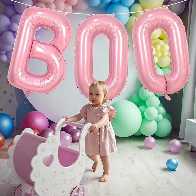 Biapian 40 Inch Halloween Boo Balloons, Giant Pink Boo Balloon Banner Set, 3 Pcs Psatel Foil Boo Letters Balloons Bunting Kit for Girls Horror Spooky Theme Halloween Birthday Party Decoration