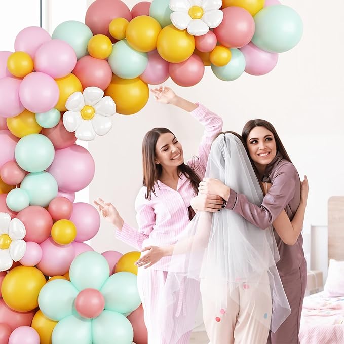 Daisy Balloon Garland Arch Kit,Retro Yellow Pink Green Hippie Boho Balloons Garland Daisy Flower Balloons For Birthday Baby Shower Bridal Wedding Groovy Daisy Party Decorations