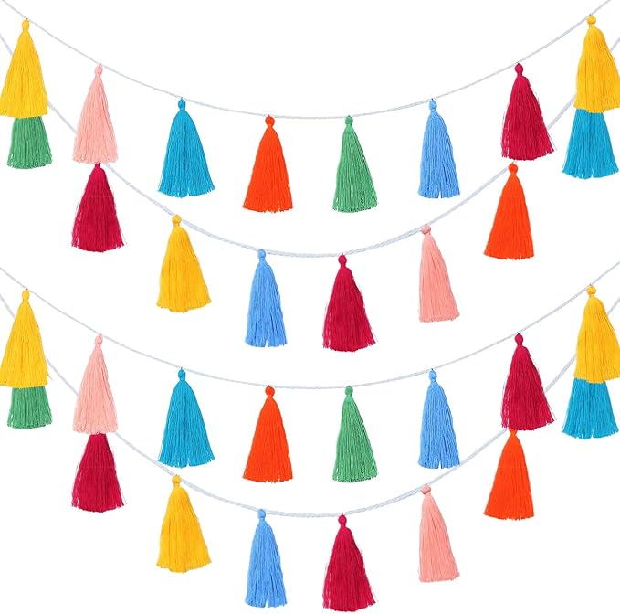 4 Pcs Rainbow Tassel Garland Party Decor, Colorful Boho Wall Hanging Banner for Birthday Birthday Wedding Baby Shower Party, Classroom, Bedroom, Nursery Home Decor(Multicolor,6.3 Inch)