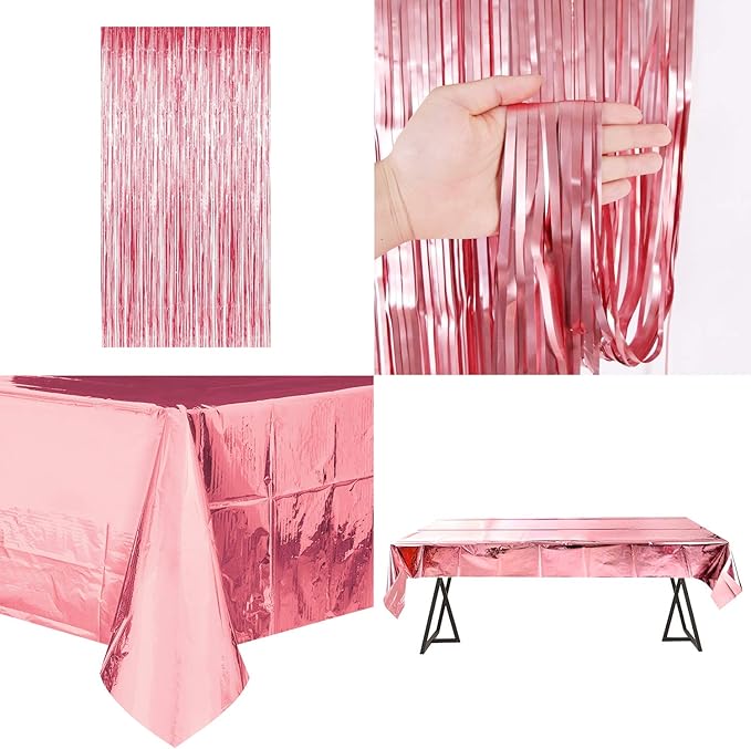 MOVINPE Pink Birthday Party Decoration, Happy Birthday Banner, Rose Gold Fringe Curtain, Foil Tablecloth, Heart Star Foil Confetti Balloons, 10g Table Confetti for Women Girl Birthday Party