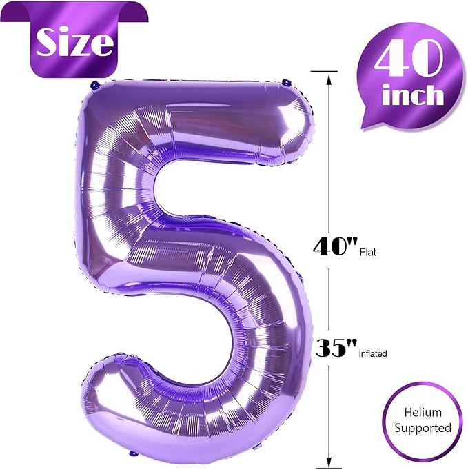Purple Number 5 Balloon 40 Inch, 5 Balloon Number, 5th Birthday Decorations, Purple Party Supplies for Boys Girls