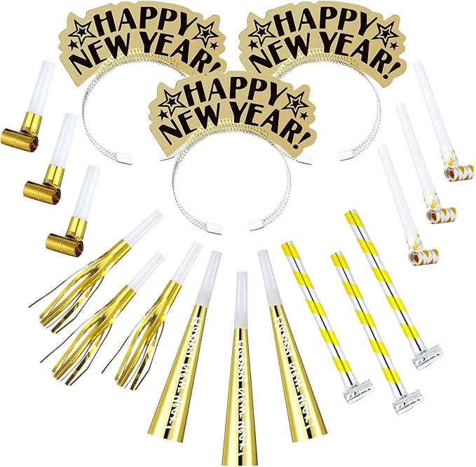 Lenwen 18 Pcs Happy New Years Eve Party Supplies New Year Noise Makers Headband Tiara Party Horn Blowers Whistles Fringed Noisemaker Novelty Favors for Adult Decoration(Gold)