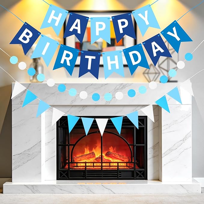 Sky Blue Happy Birthday Banner, Happy Birthday Decorations Hanging Birthday Sign Circle Dot Triangle Bunting for Women Men Girl Boy Party Supplies