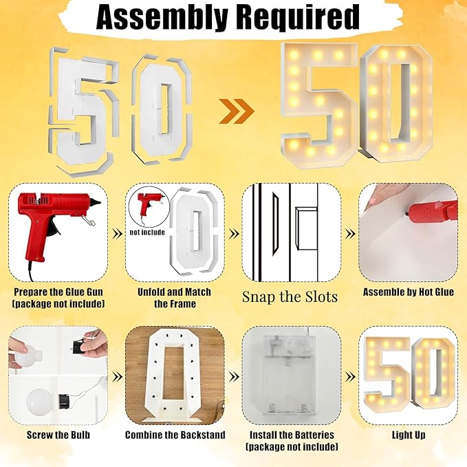 4ft Light Up Numbers Marquee 50 Numbers with Lights White Slots-in Frame for Men Women 50th Birthday Party Decorations Pre-Cut Mosaic Cardboard Large Cut-Out Thick Foam Board Sign Anniversary